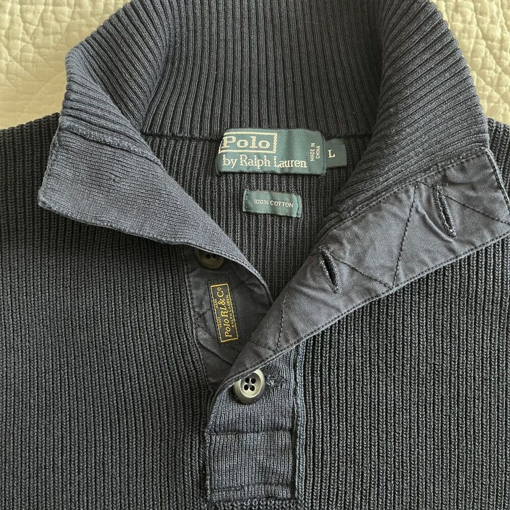 Polo Ralph Lauren Sweater Mens Large Blue Mock Neck Henley Knit Pullover Cotton - Picture 3 of 9
